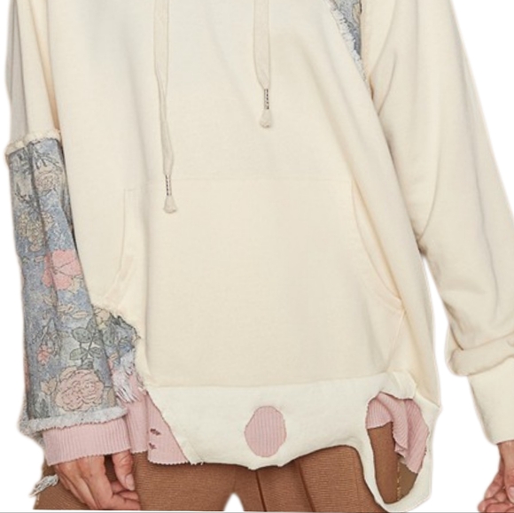 POL Hoodie Floral Contrast Patchwork Top Distressed Raw Exposed Seam Sweatshirt - Picture 12 of 15